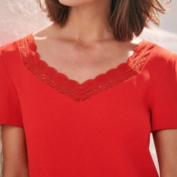 SEZANE Louisa Dress Coral Red Shift Lace Neckline {TT36} - Picture 4 of 9